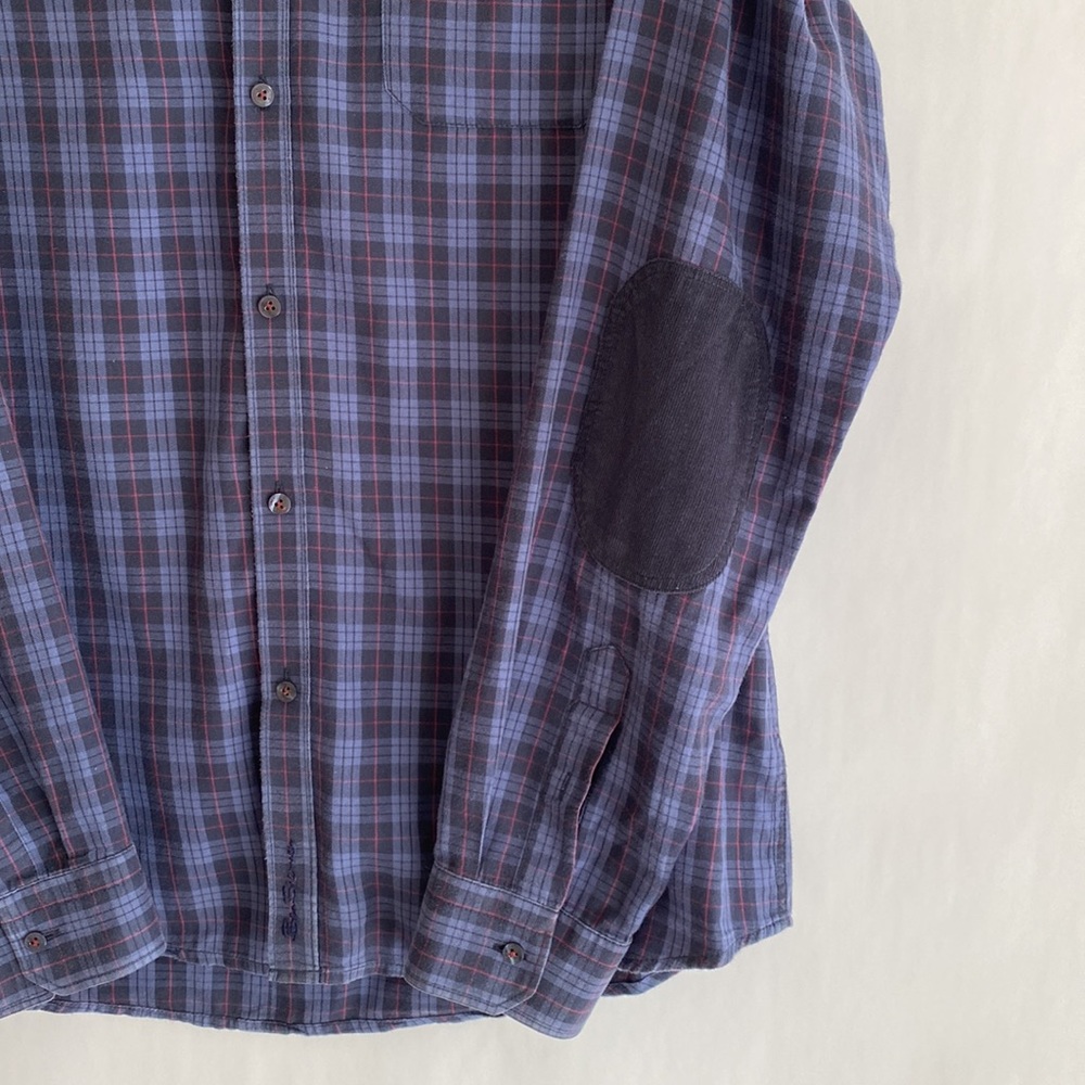 Ben Sherman Navy Blue Plaid Button Down with Corduroy Elbow Patches size L - Picture 2 of 8